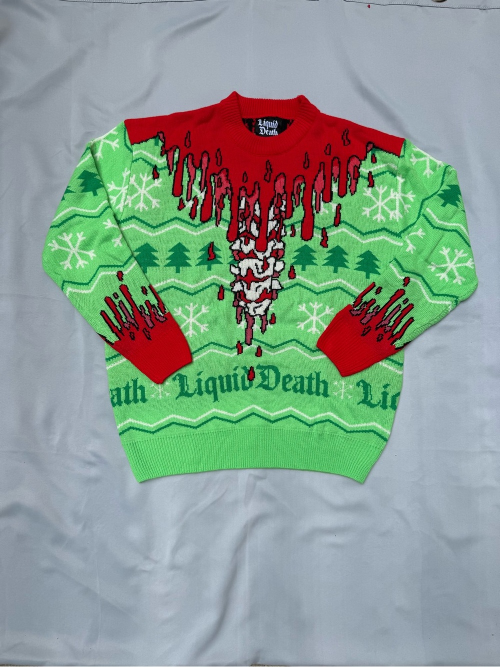 Liquid Death Neon Green & Red Holiday Crewneck Sweater